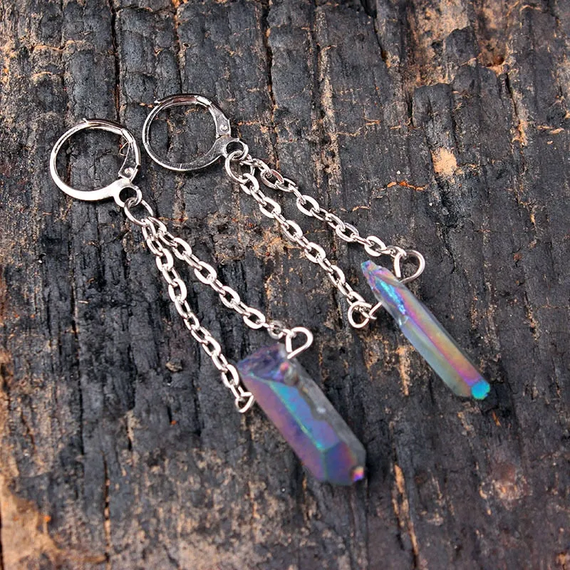 Raw Rainbow Quartz Crystal Drop Earrings hanging natural stone long earrings for Women