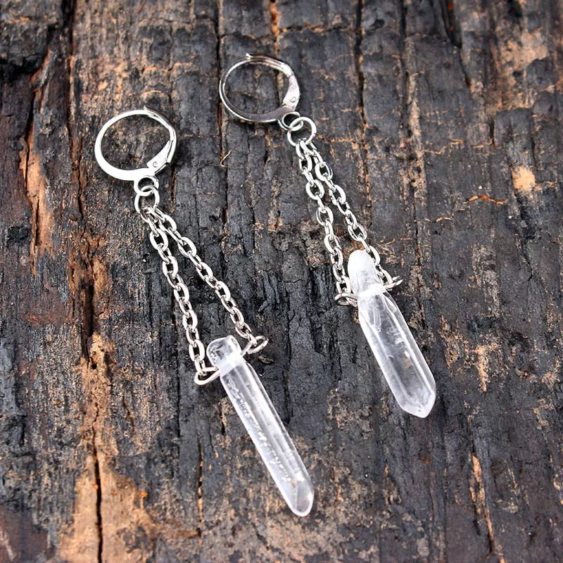 Raw Rainbow Quartz Crystal Drop Earrings hanging natural stone long earrings for Women