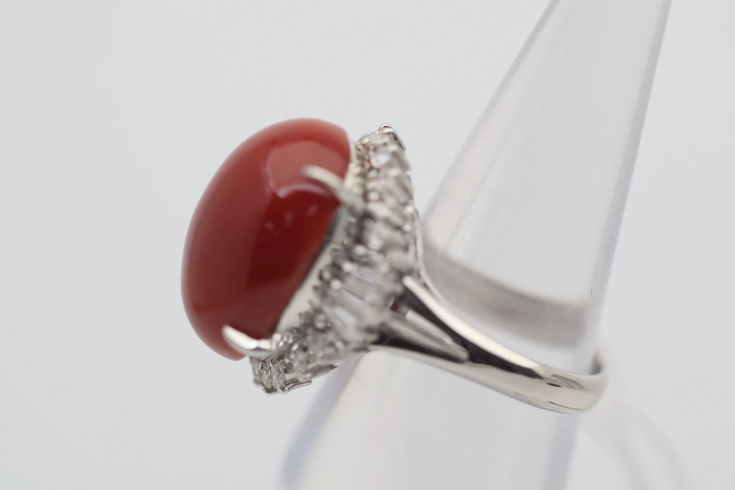 Red Coral Diamond Platinum Cocktail Ring