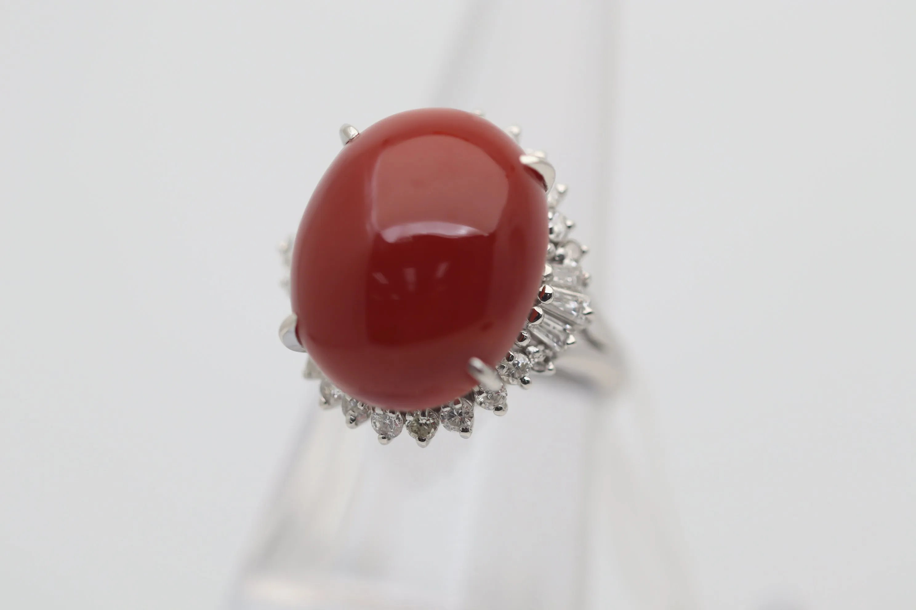 Red Coral Diamond Platinum Cocktail Ring