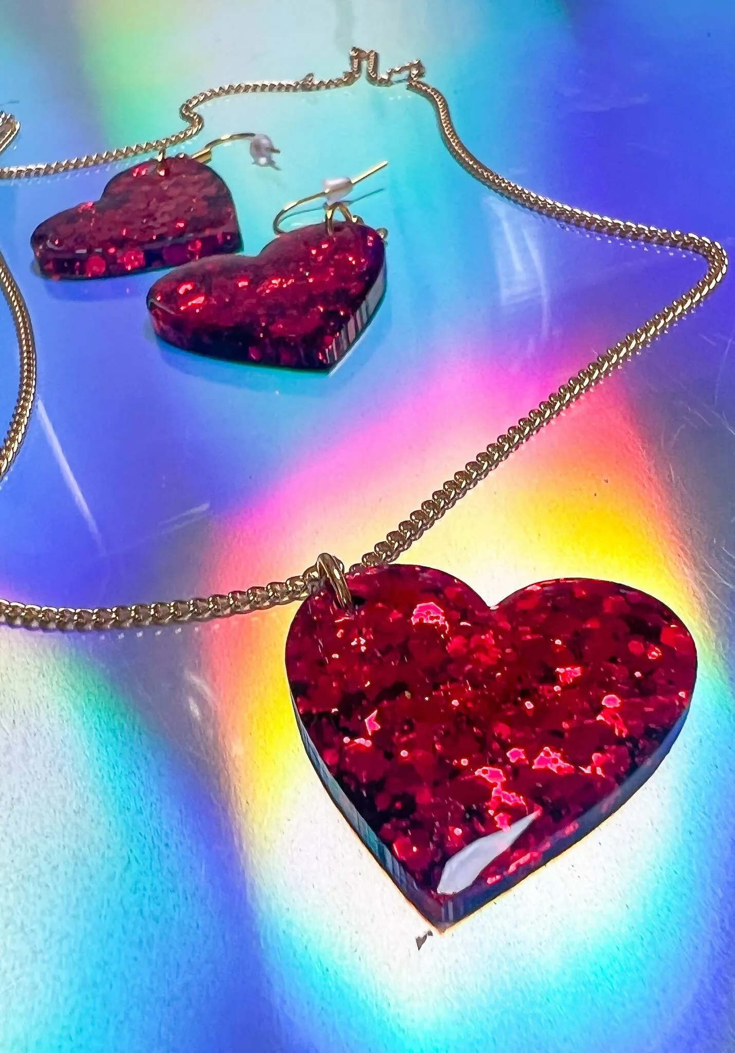 Red Love Heart Resin Earrings Glitter Heart Shaped Valentines Day Necklace Pendant Matching Set Statement Jewellery