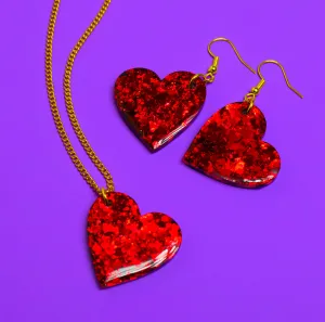 Red Love Heart Resin Earrings Glitter Heart Shaped Valentines Day Necklace Pendant Matching Set Statement Jewellery