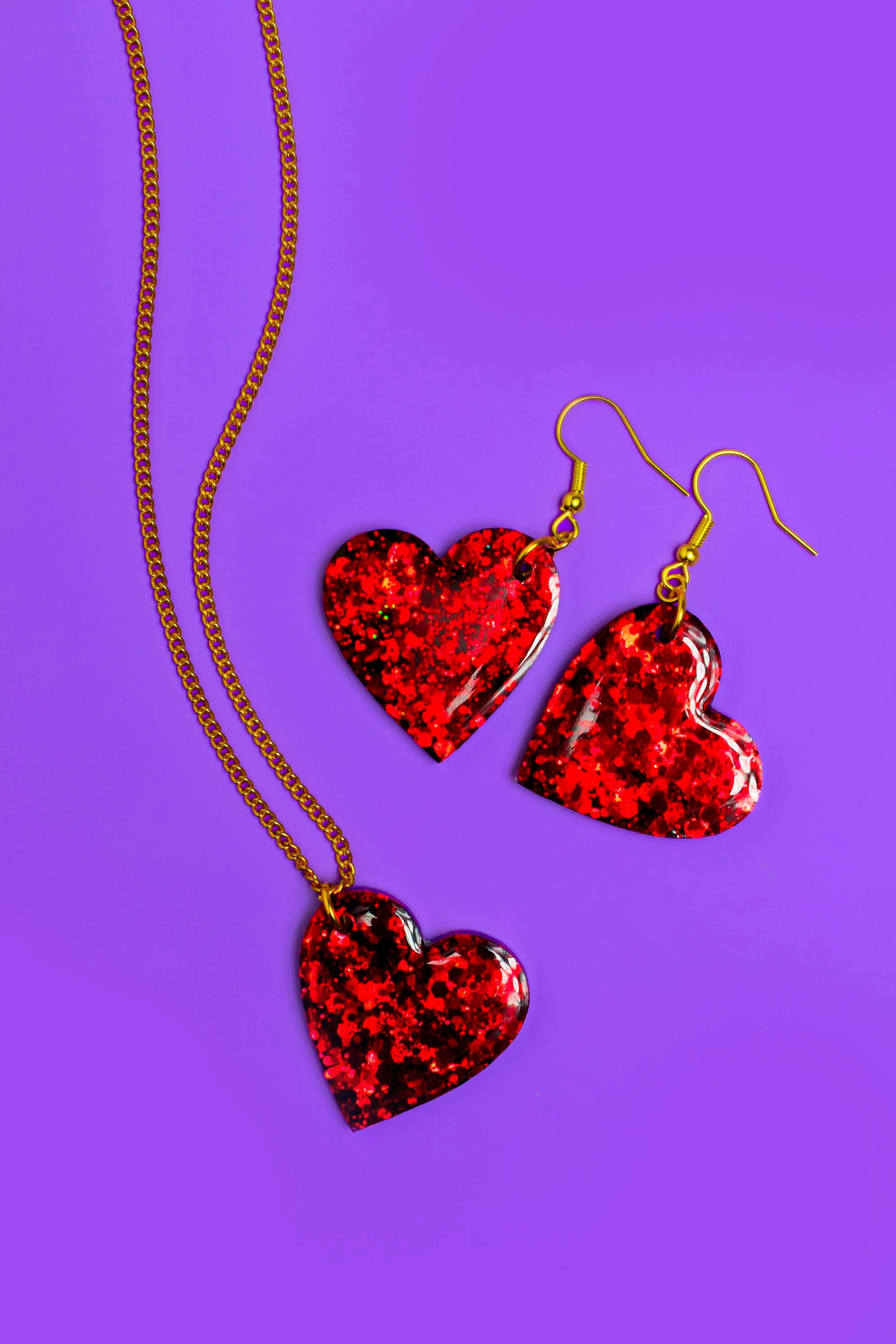 Red Love Heart Resin Earrings Glitter Heart Shaped Valentines Day Necklace Pendant Matching Set Statement Jewellery