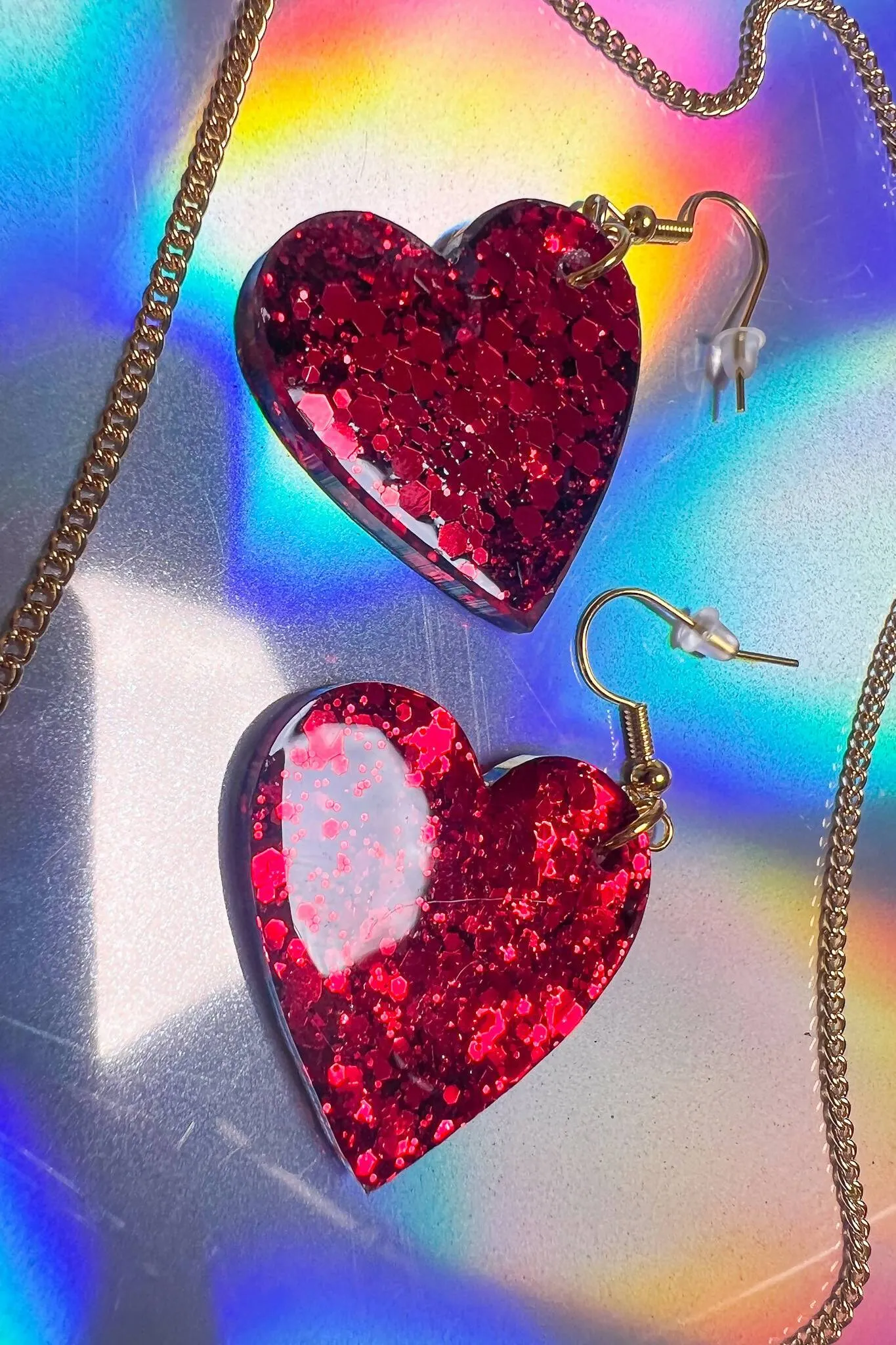 Red Love Heart Resin Earrings Glitter Heart Shaped Valentines Day Necklace Pendant Matching Set Statement Jewellery