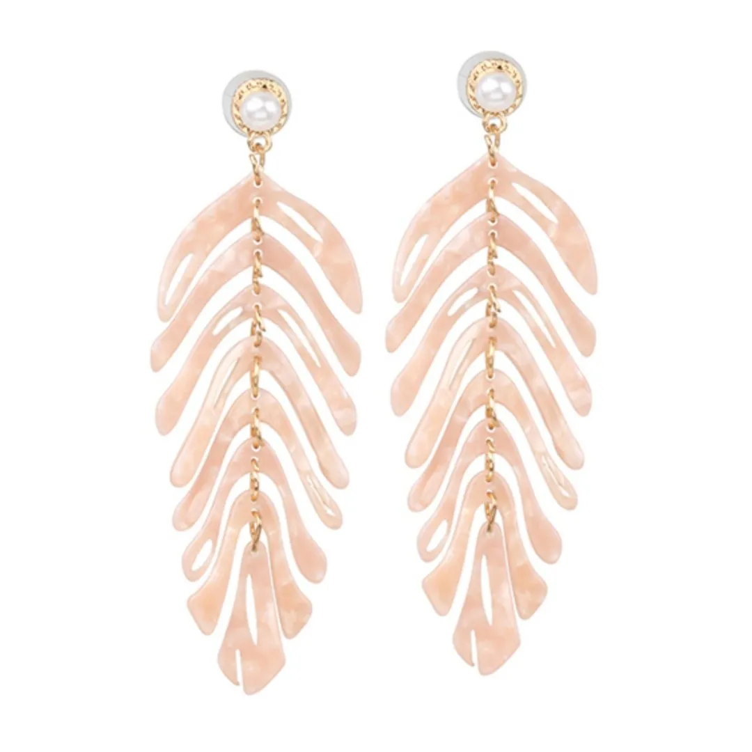 Resin Leaf Tropical Drop Earrings with Pearl Accent