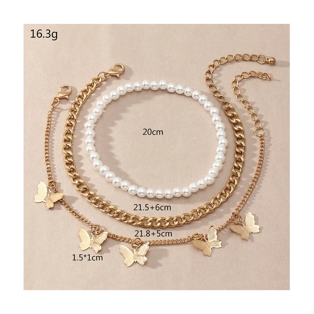 Retro Hip Hop Chain Pearl Simple Butterfly Anklet