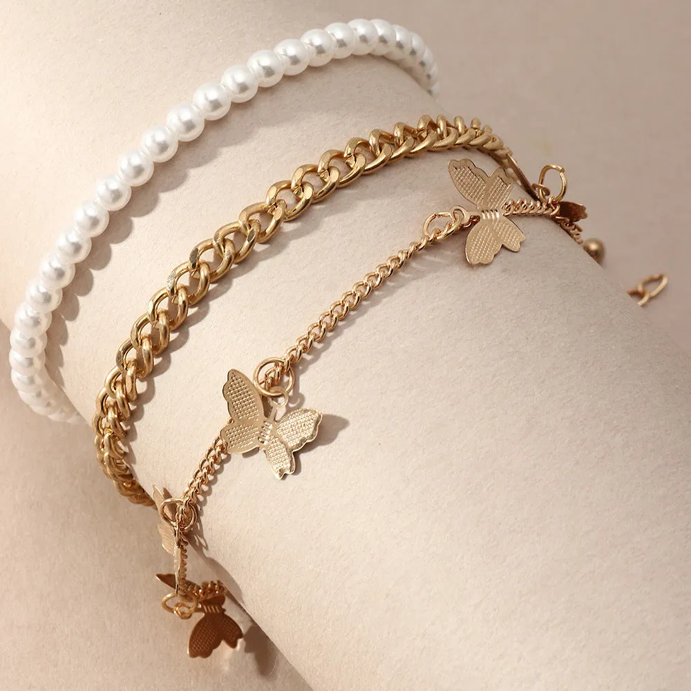 Retro Hip Hop Chain Pearl Simple Butterfly Anklet