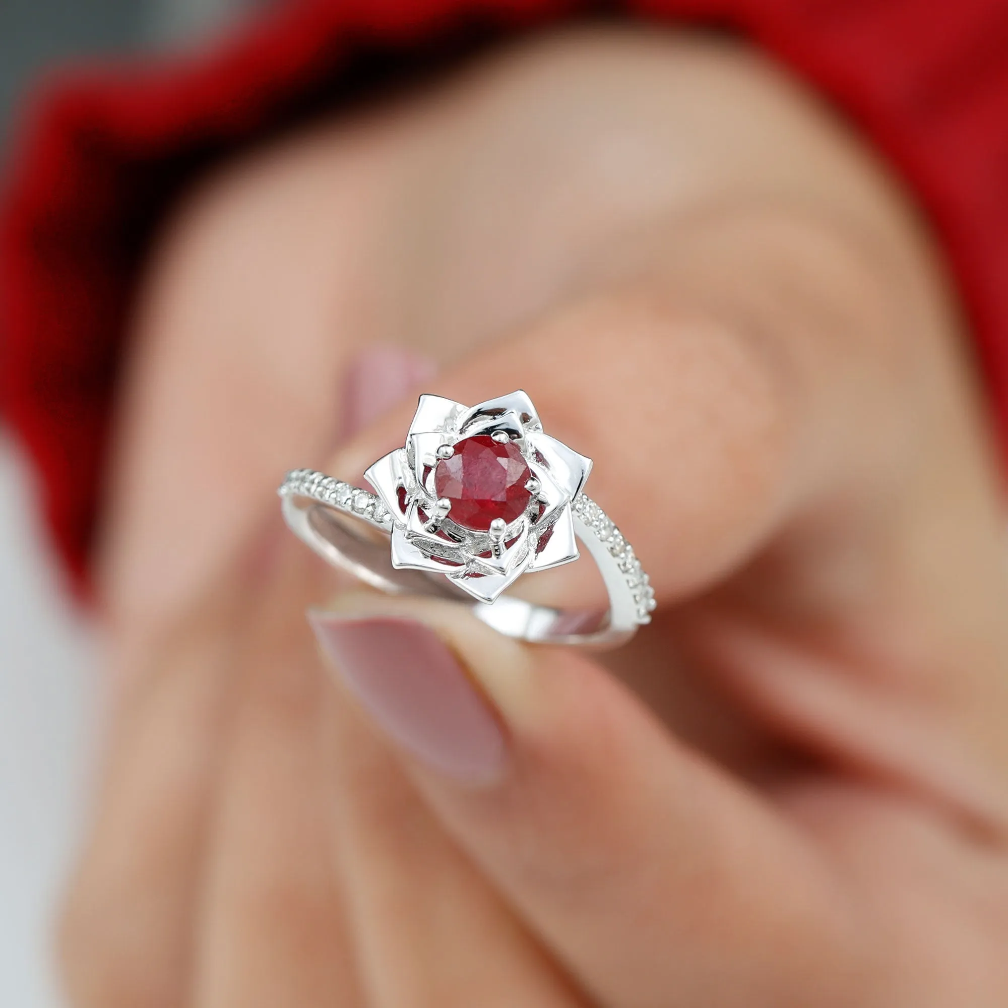 Round Ruby and Diamond Floral Engagement Ring with Bypass Shank