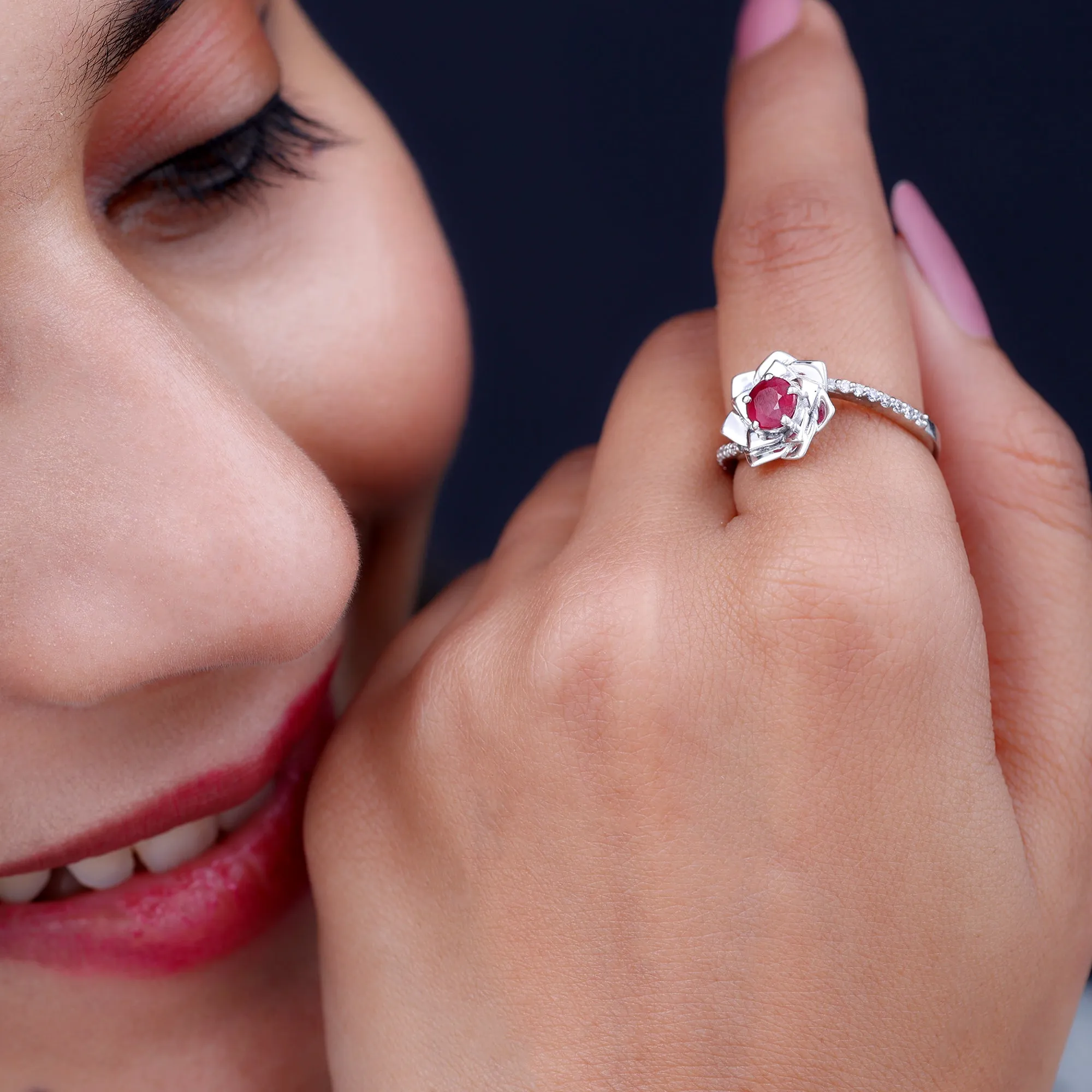 Round Ruby and Diamond Floral Engagement Ring with Bypass Shank