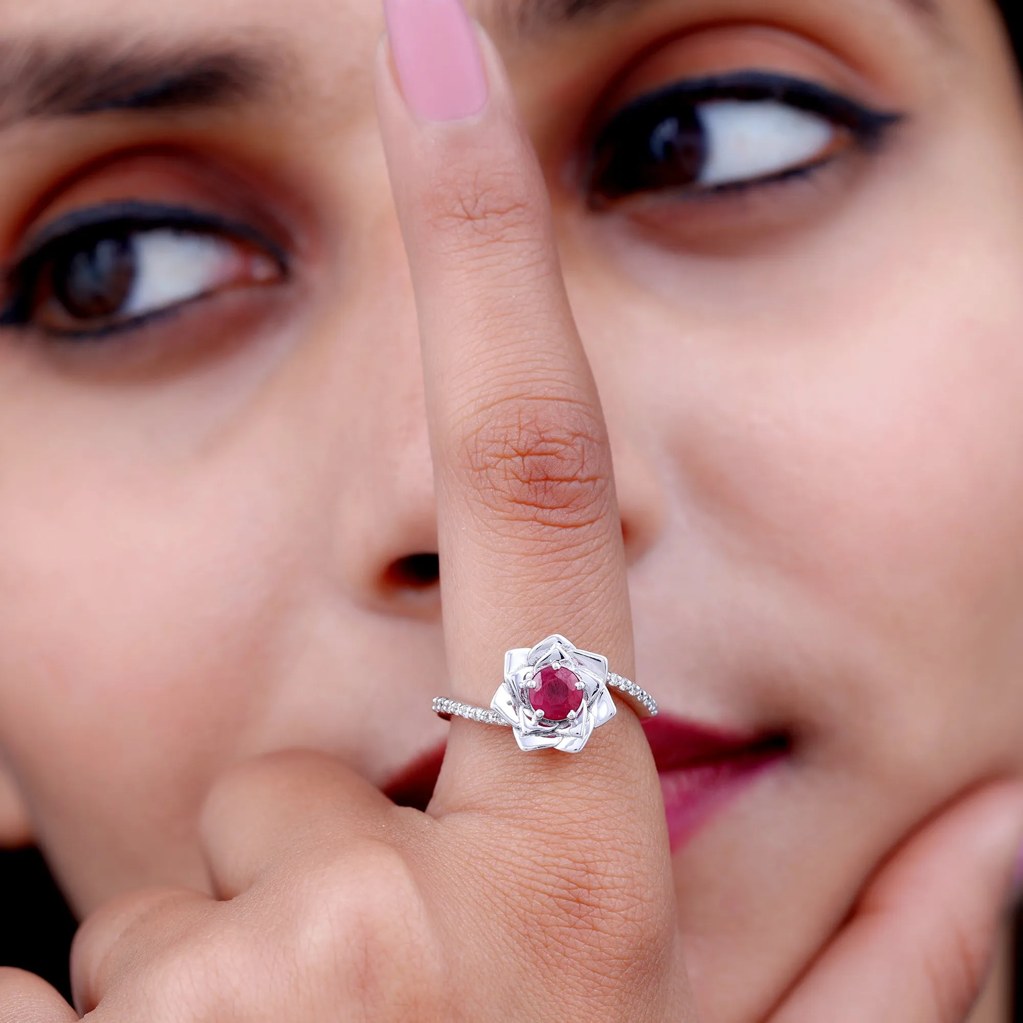 Round Ruby and Diamond Floral Engagement Ring with Bypass Shank