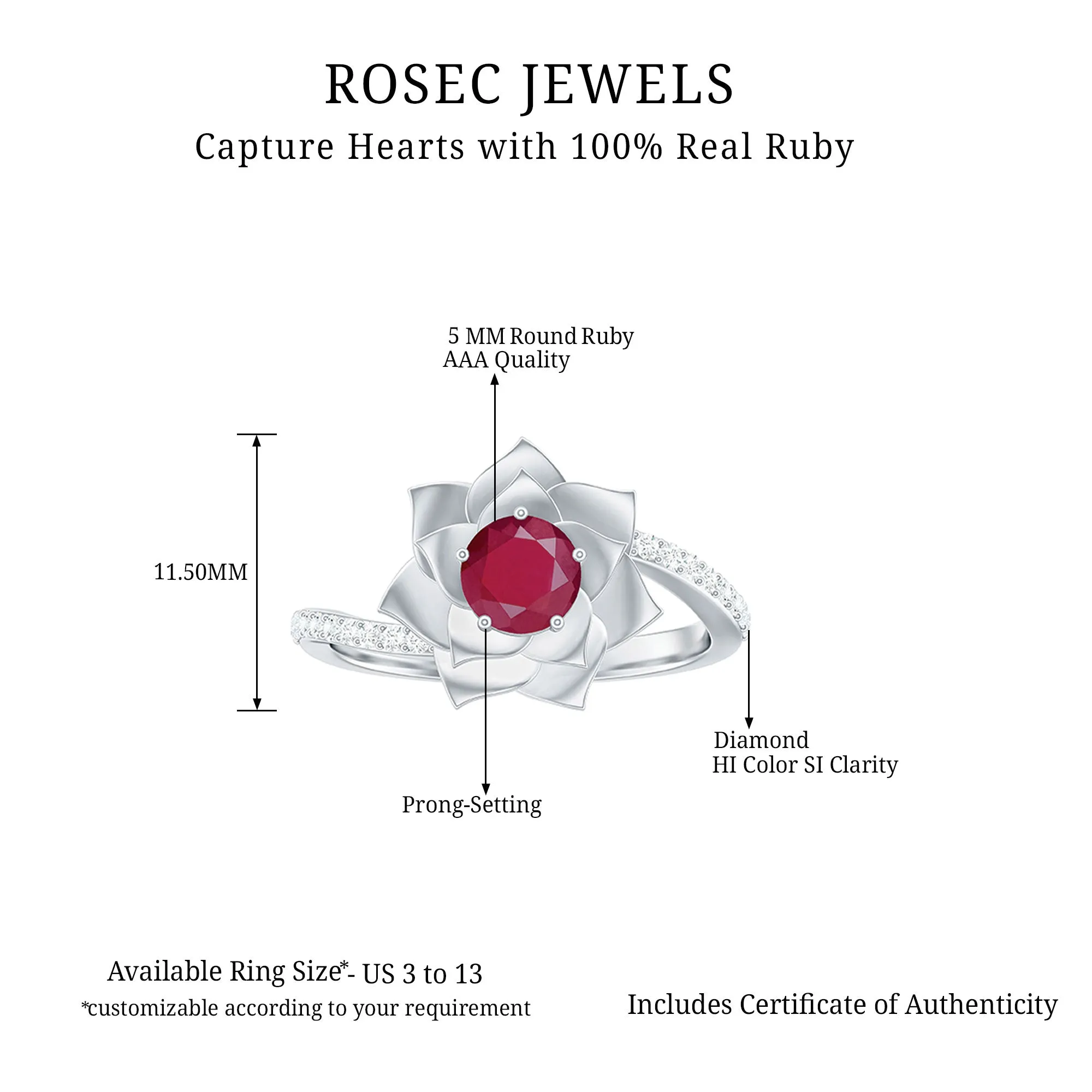 Round Ruby and Diamond Floral Engagement Ring with Bypass Shank