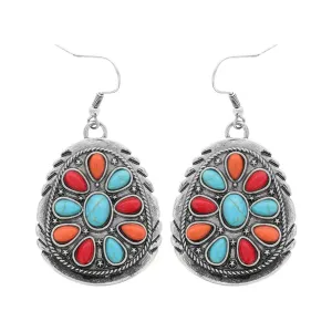 Semi Stone Embellished Concho Hook Dangle Earrings