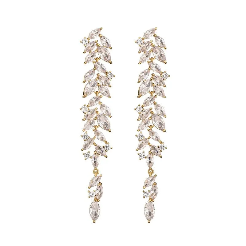 Shiny Cubic Zirconia Leaf Bridal Drop Earrings Luxury Long Tassels