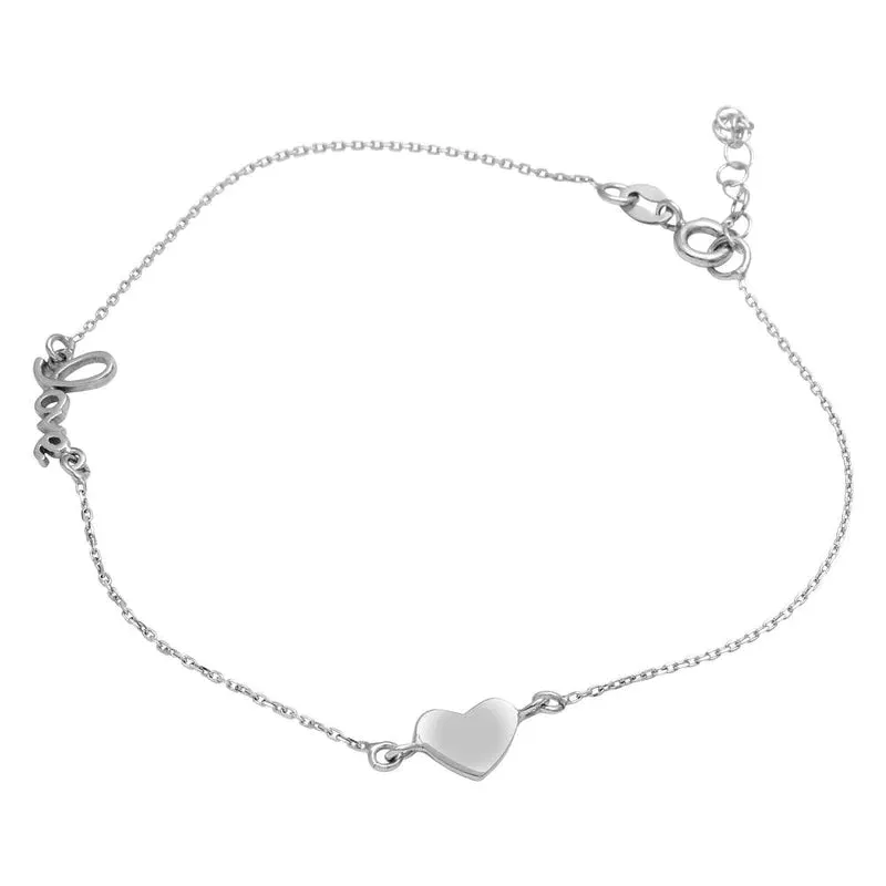 Silver 925 Rhodium Plated Love and Heart Anklet