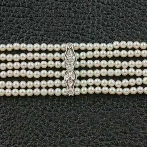 Six Strand Pearl & Diamond Choker Necklace