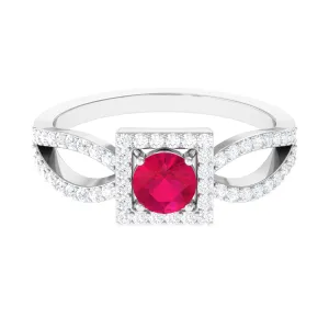 Split Shank Ruby Halo Engagement Ring with Diamond