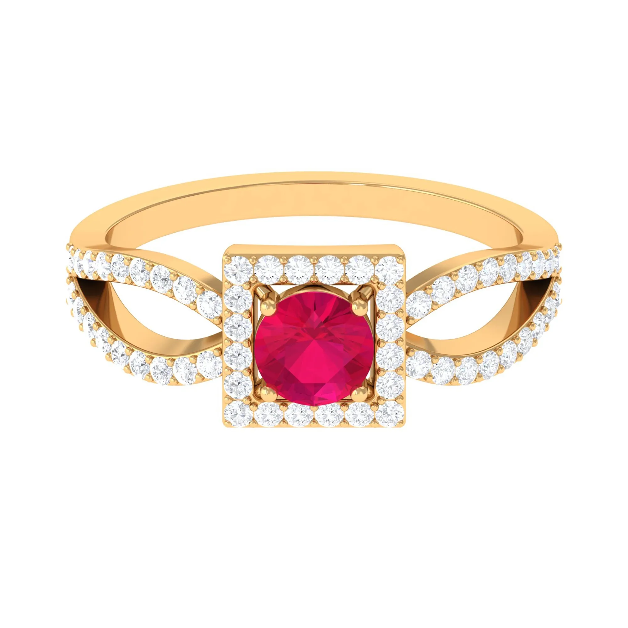 Split Shank Ruby Halo Engagement Ring with Diamond