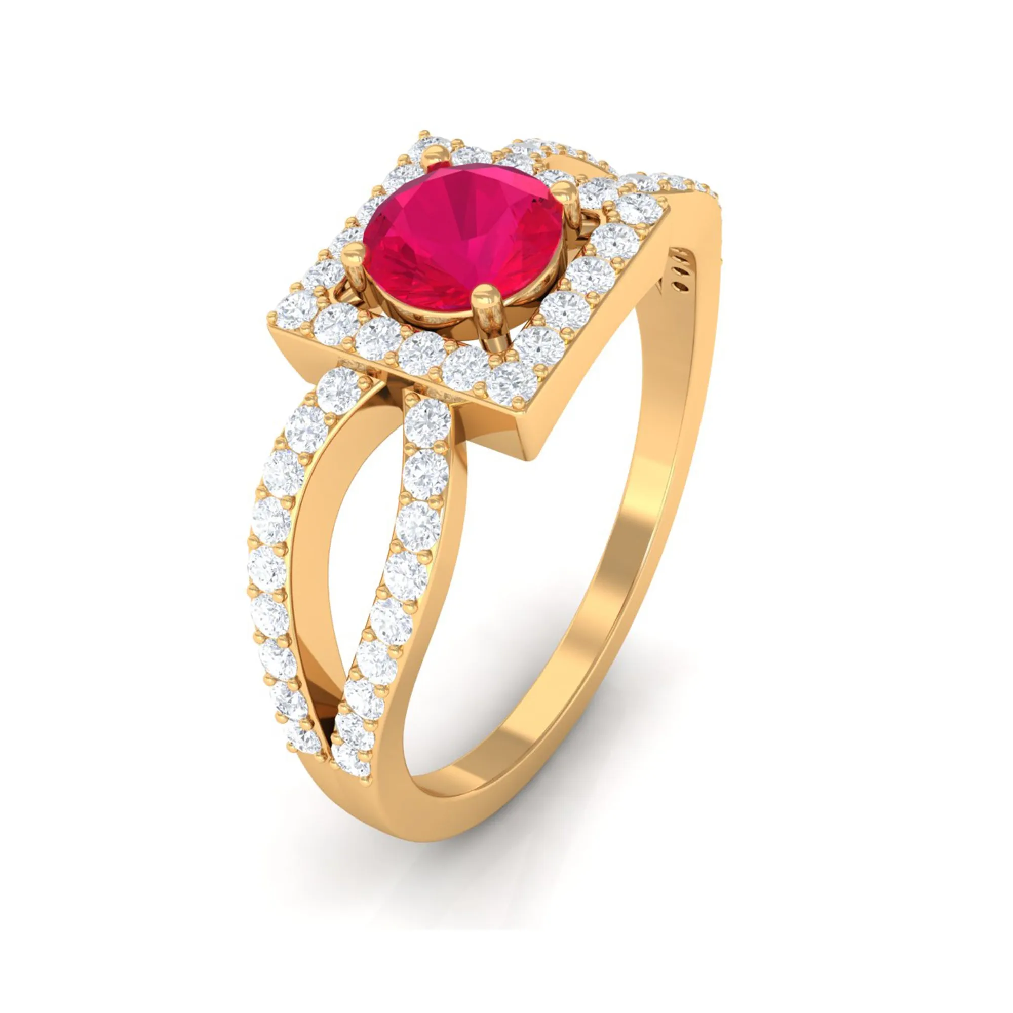 Split Shank Ruby Halo Engagement Ring with Diamond