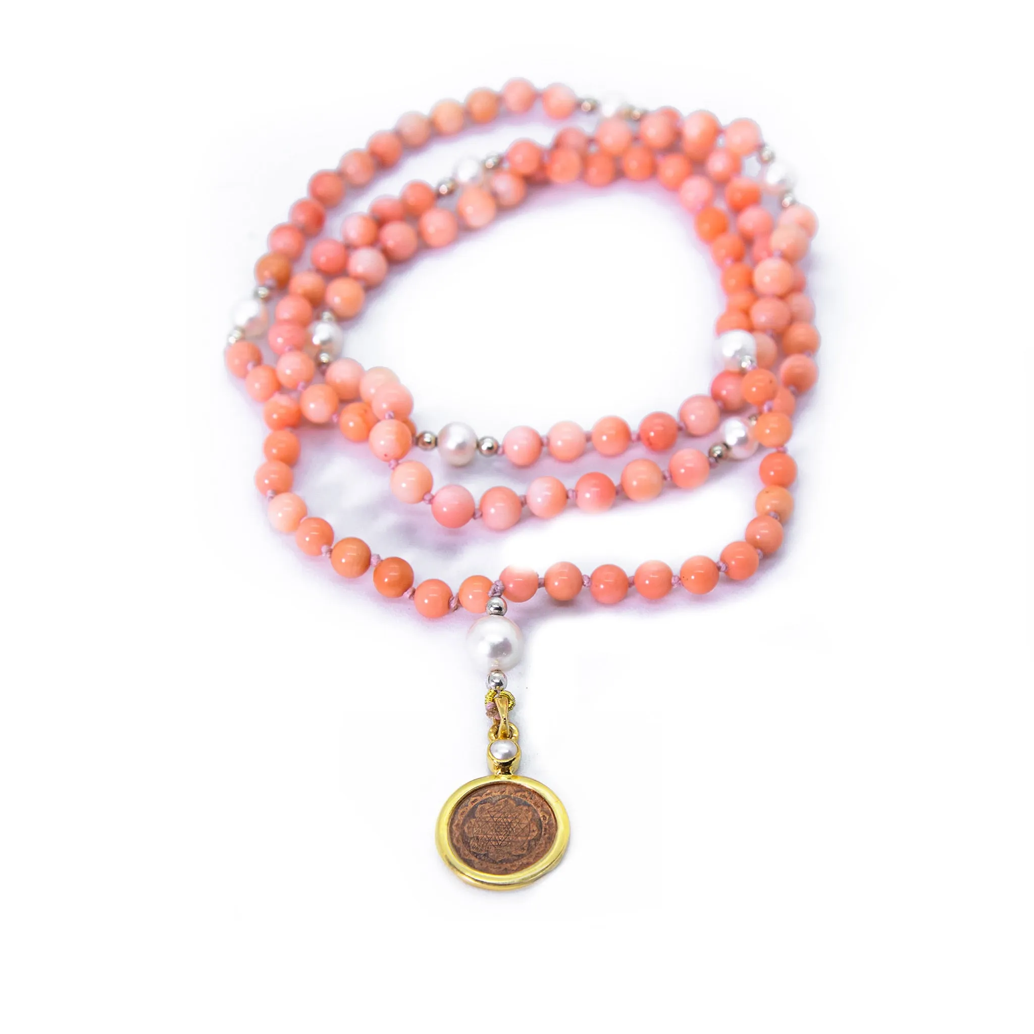 Sri Yantra Japa Mala- Pink Coral & Pearl