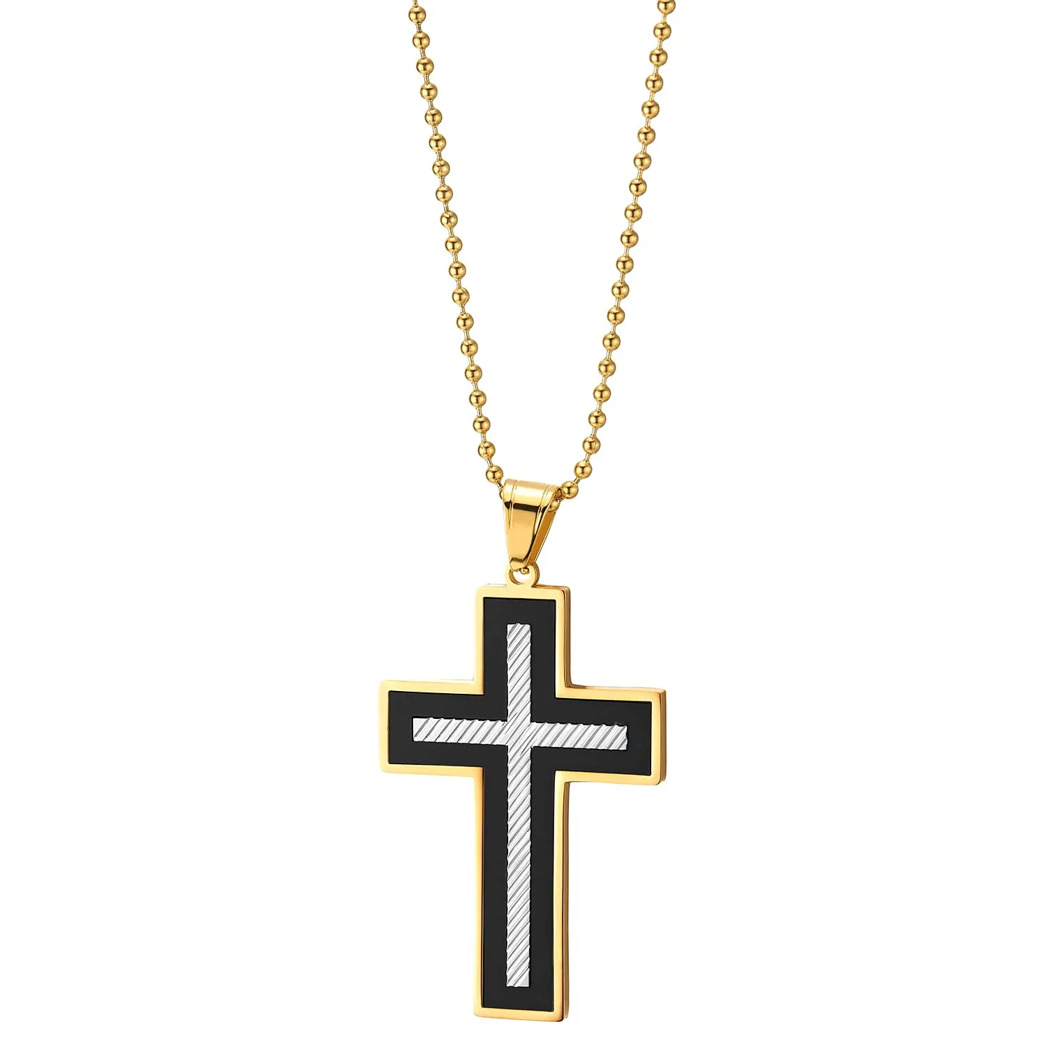 Stainless Steel Gold Black Silver Striped Cross Pendant Necklace for Men Women, Unique Inlay Design