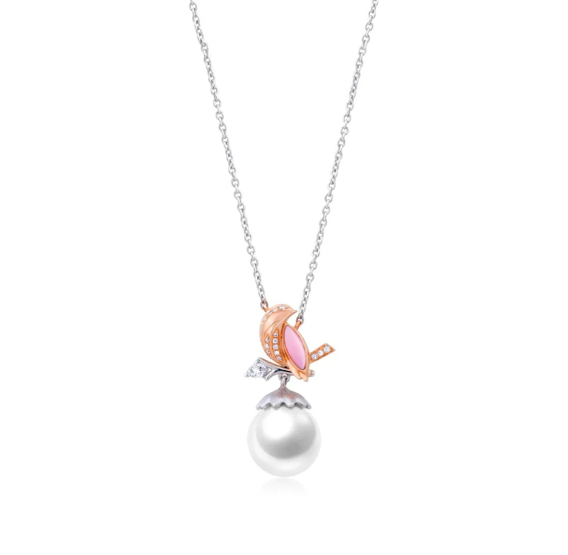 THIALH - ROBIN - Diamond, Pink Conch Shell & Pearl Necklace