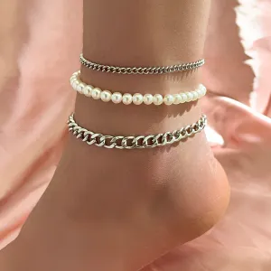 Three-Piece Pearl Chain Mix & Match Anklet Set