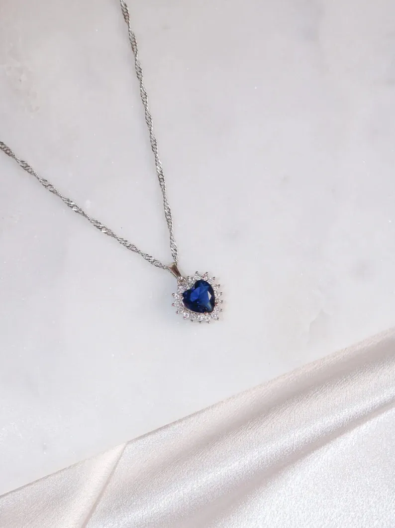 Titanic Necklace, Heart of Ocean Blue Diamond Necklace, Zirconia Heart Necklace Brass Silver Plated, Gift for Her