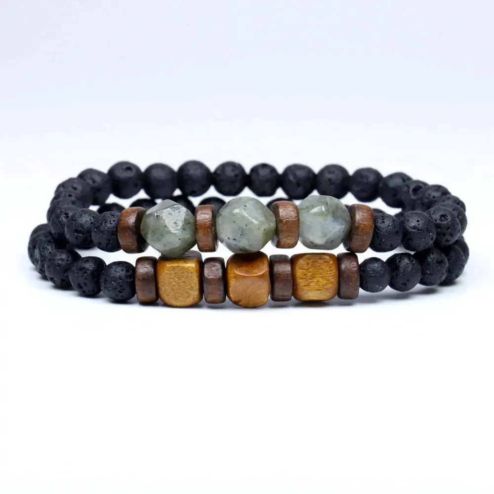 Trend Men's Bracelet Lava Stone Labradorite Moonstone Beads Bracelet Chakra Yoga Wood Bead Bracelet For Men Jewelry Bileklik