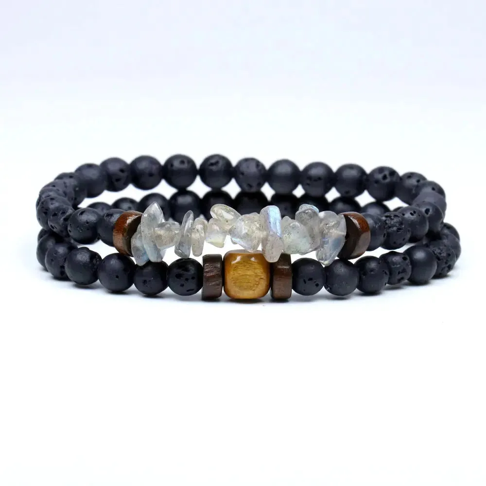 Trend Men's Bracelet Lava Stone Labradorite Moonstone Beads Bracelet Chakra Yoga Wood Bead Bracelet For Men Jewelry Bileklik