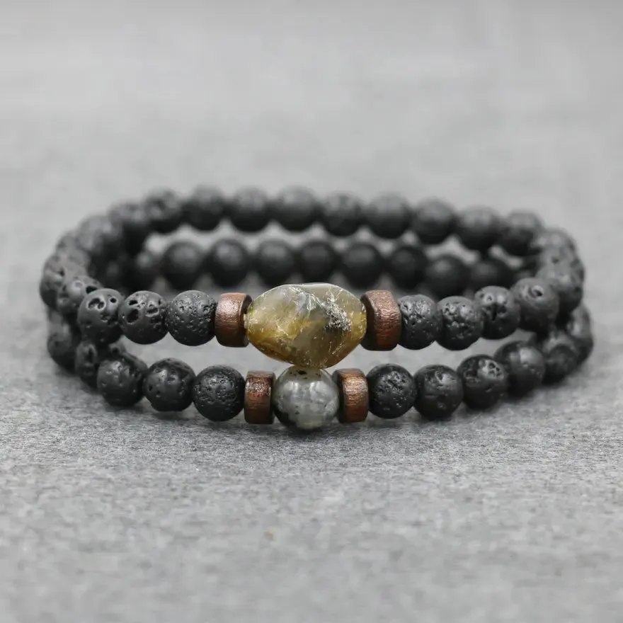 Trend Men's Bracelet Lava Stone Labradorite Moonstone Beads Bracelet Chakra Yoga Wood Bead Bracelet For Men Jewelry Bileklik