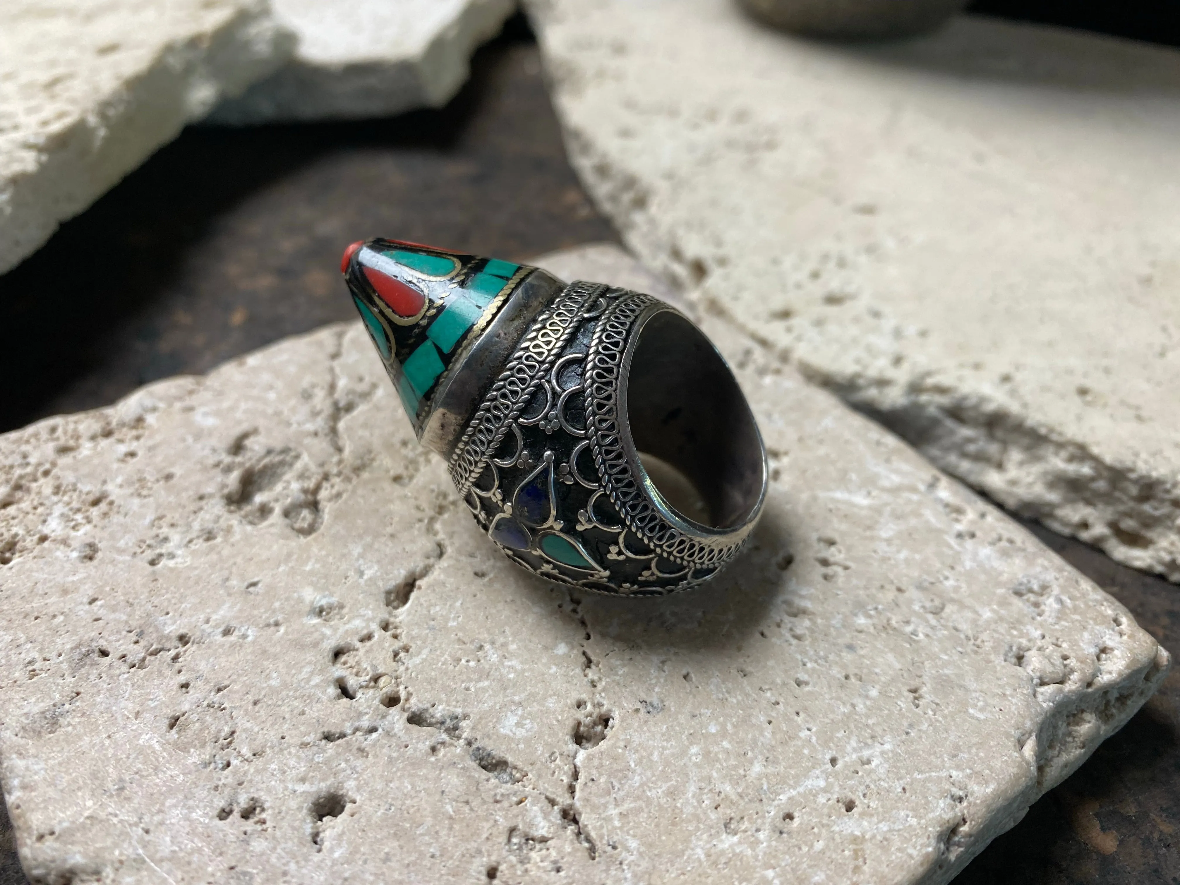 Turquoise, Coral and Silver Turkoman Ring