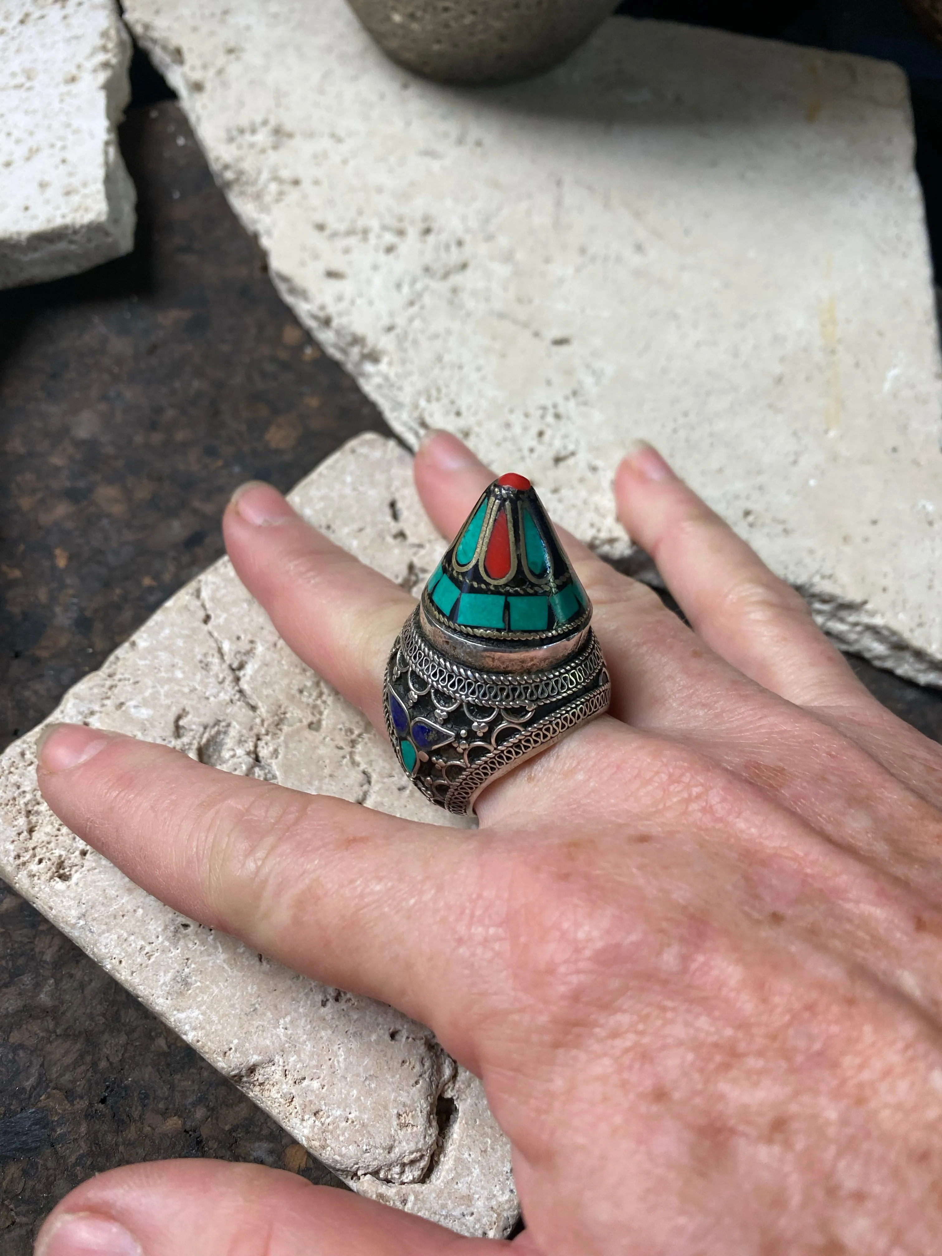 Turquoise, Coral and Silver Turkoman Ring