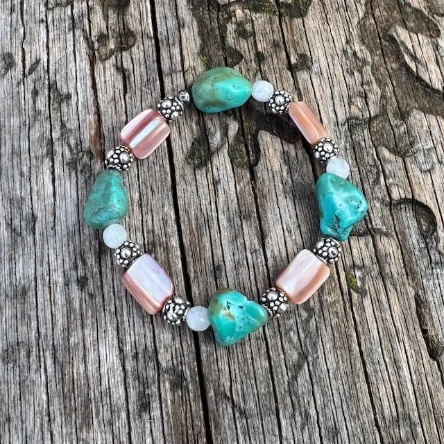 Turquoise, pink shell and sterling silver stretch bracelet