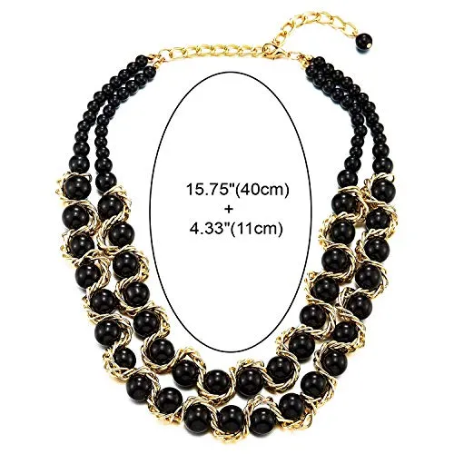 Two-Layers Choker Collar Statement Necklace Black Onyx Beads String with Gold Braided Chain Pendant