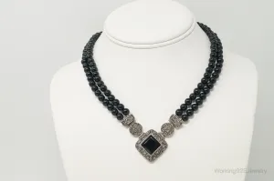 Vintage Designer Judith Jack Black Onyx Marcasite Sterling Silver Necklace