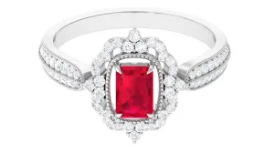 Vintage Style Emerald Cut Created Ruby Engagement Ring with Diamond Floral Halo