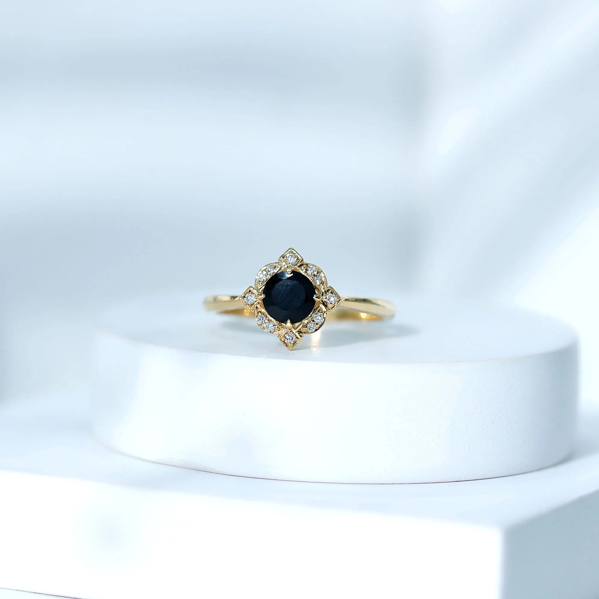 Vintage Style Round Black Onyx and Diamond Engagement Ring