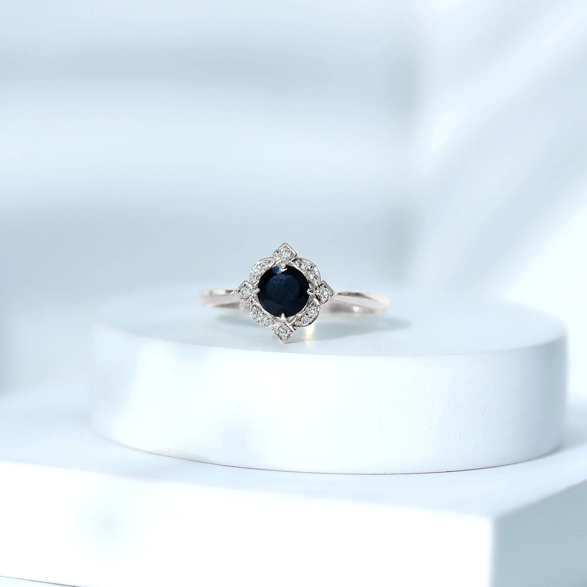 Vintage Style Round Black Onyx and Diamond Engagement Ring