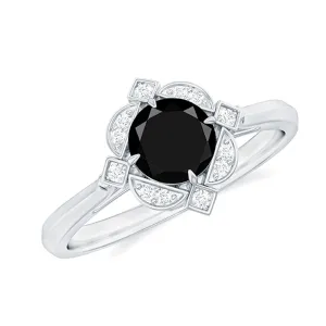 Vintage Style Round Black Onyx and Diamond Engagement Ring