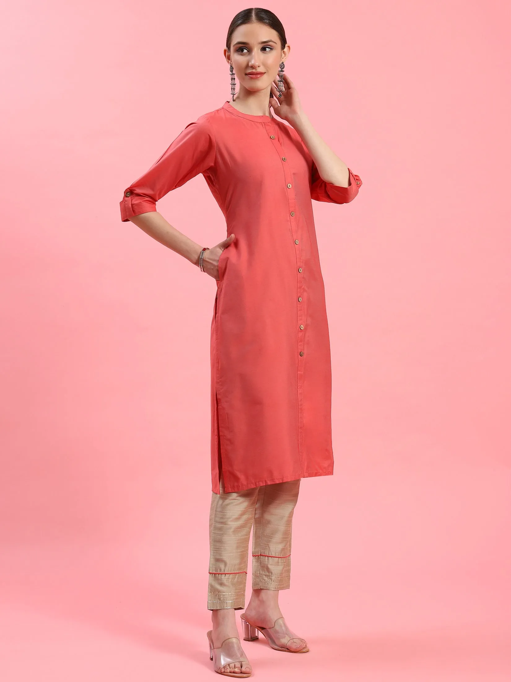 Women Coral Solid Kurta