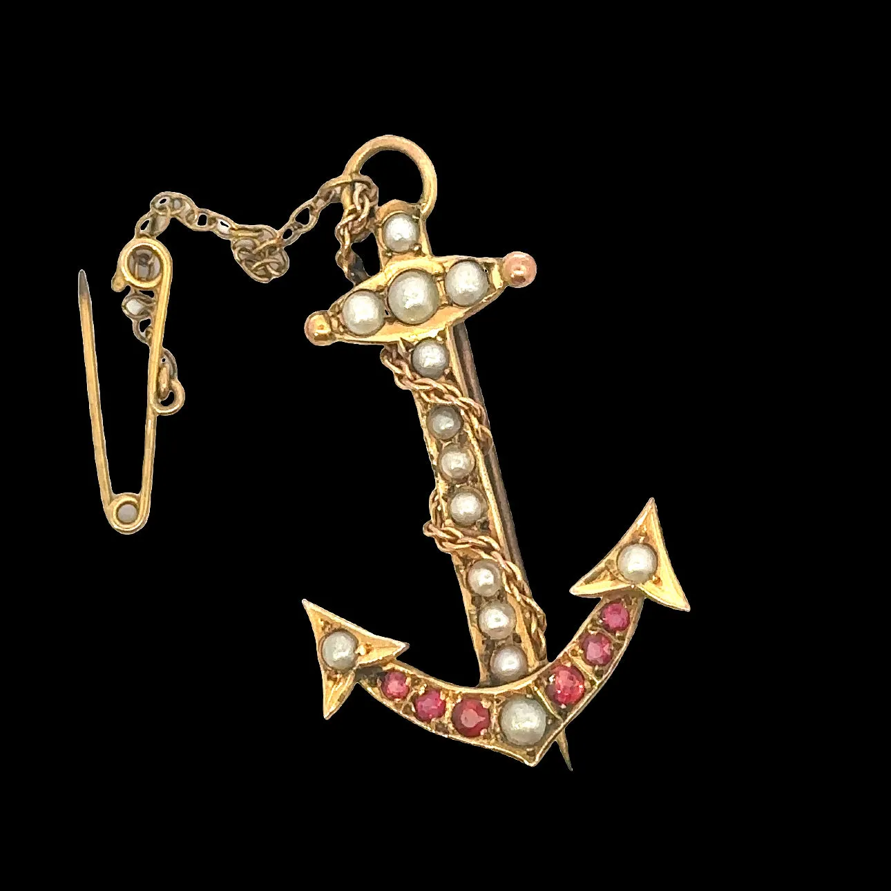 Yellow Gold Ruby and Seed Pearl Anchor Brooch